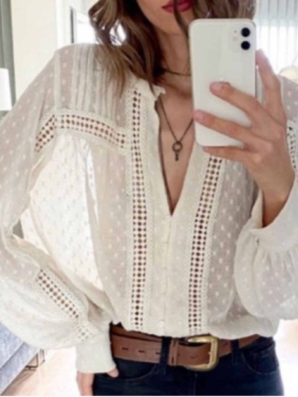✨ Zara Cutout Lace Blouse – White Puff Sleeve ✨l - Boho Romantic Top NWT
